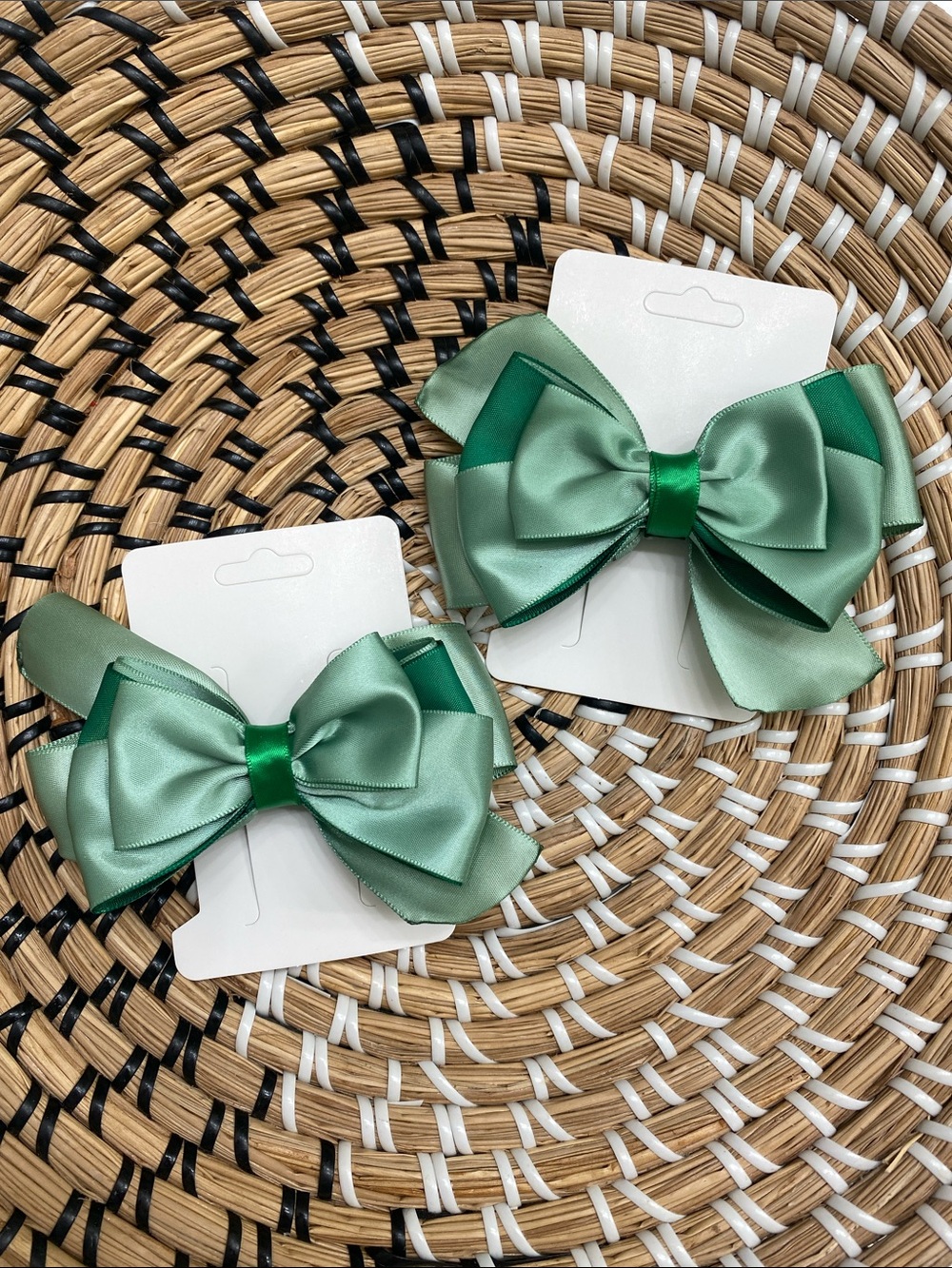 Green Satin Bow Hair Clips for Kids - Set of 2